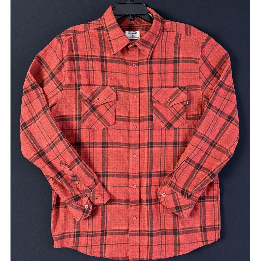 Hurley Mens Size Large Portland Organic Long Sleeve Flannel Campfire Orange.